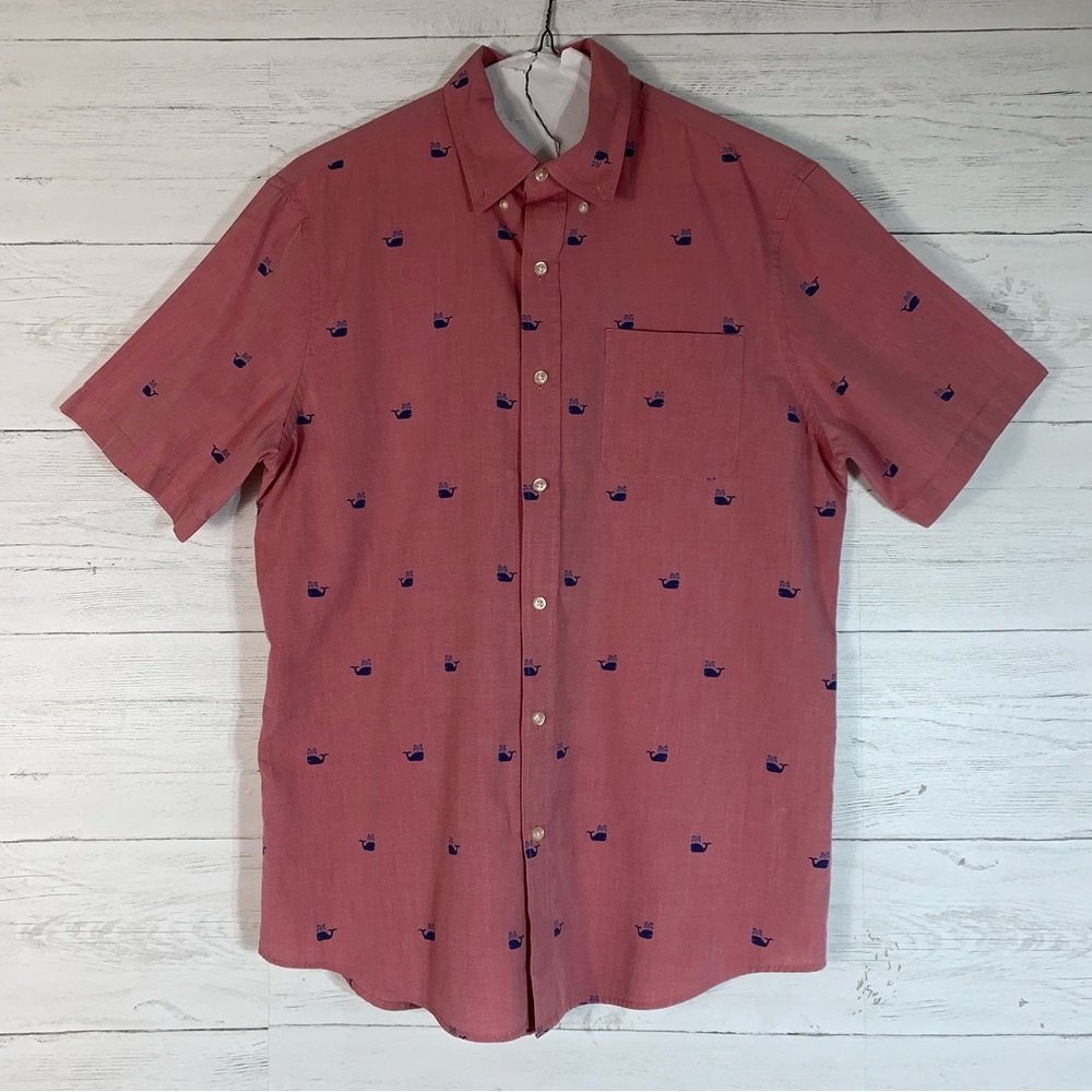 Chaps Mens Large Shirt Button Down Short Sleeve Dress Salmon Pink w/Blue Whales
